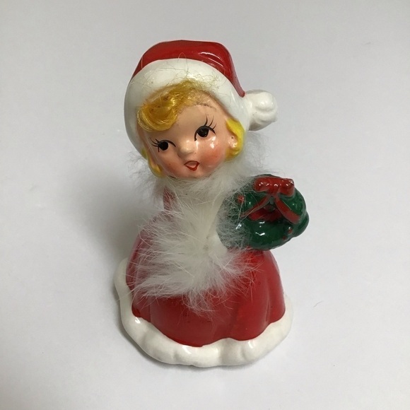 Napco ? Ceramic Christmas Girl Figurine Wreath Hair Fur Red Mrs. Claus Dress VTG - Picture 5 of 14